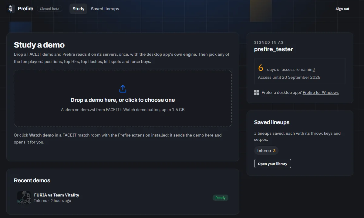The web app's home: the drop zone, your recent demos and your saved lineups