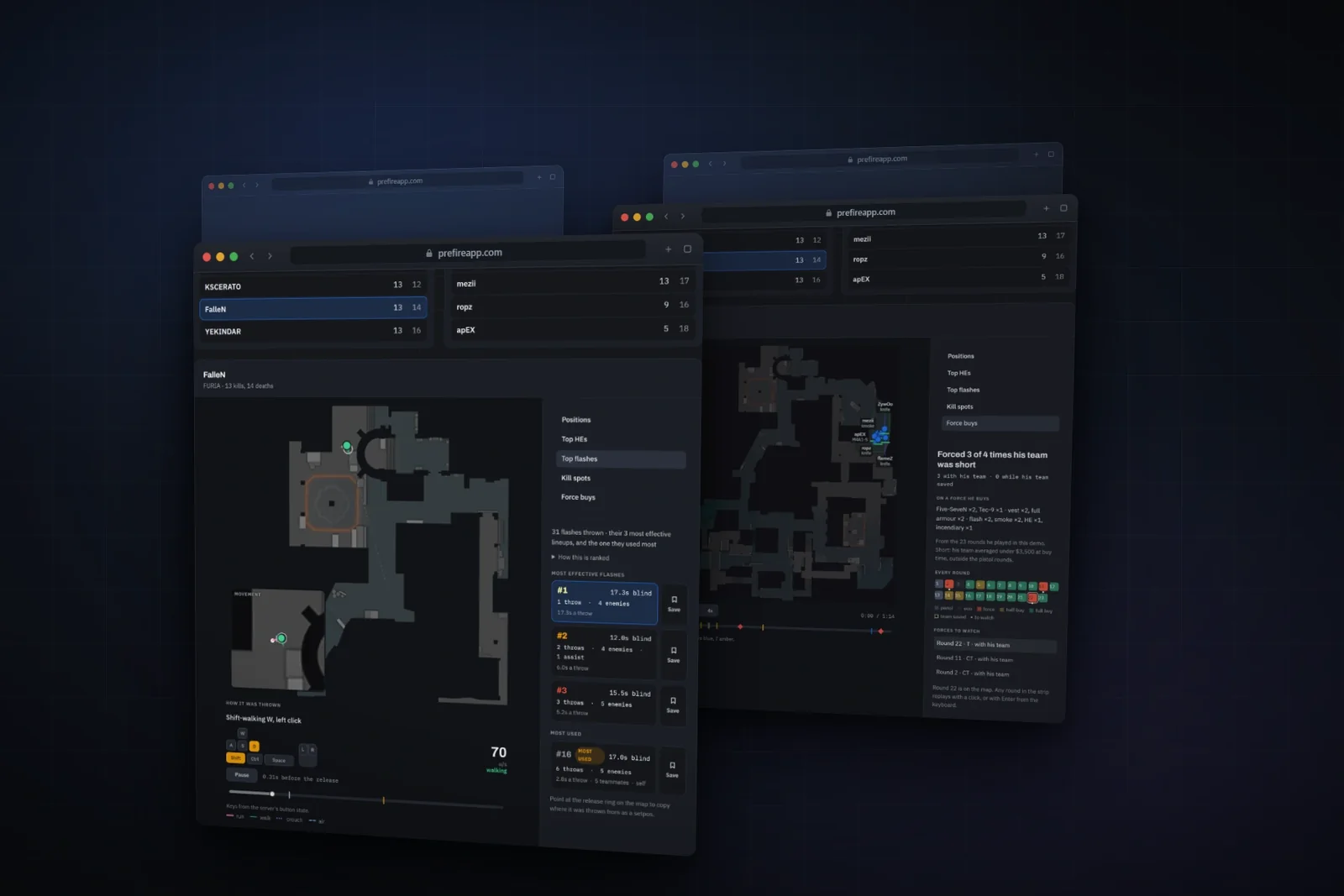 Duas janelas do web app do Prefire: as Top flashes de um jogador no radar e um round de Force buys