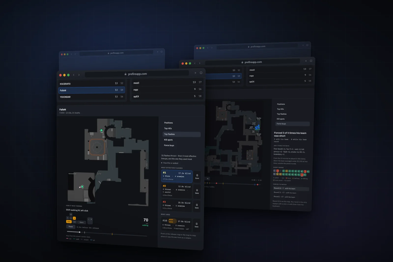 Two Prefire web app windows side by side, one showing a player's Top flashes on the radar and the other a Force buys round.